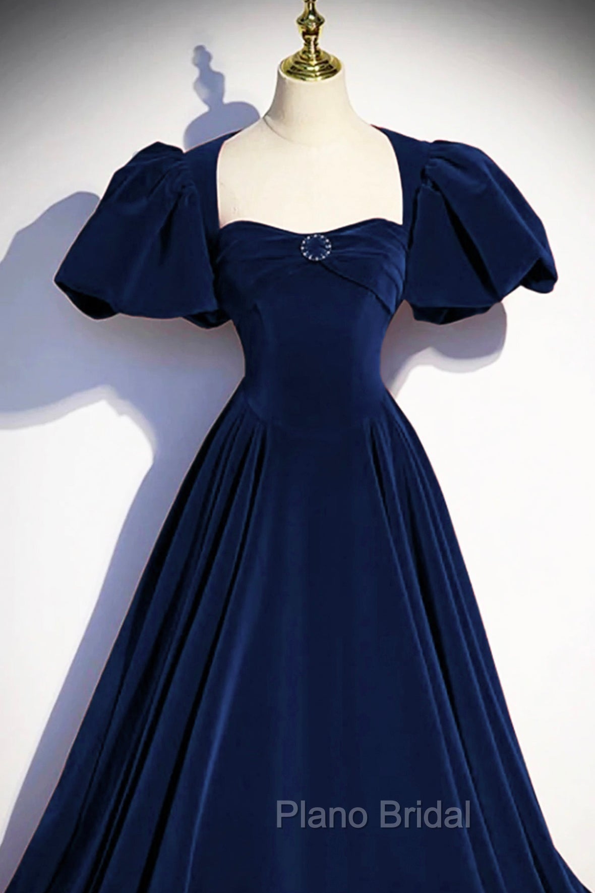 Blue Velvet Floor Length Formal Prom Dresses, Elegant Short Sleeve Evening Party Dresses