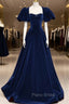 Blue Velvet Floor Length Formal Prom Dresses, Elegant Short Sleeve Evening Party Dresses