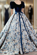 Blue Velvet Floral Long Ball Gown, A-Line Short Sleeve Formal Evening Dresses