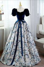 Blue Velvet Floral Long Ball Gown, A-Line Short Sleeve Formal Evening Dresses