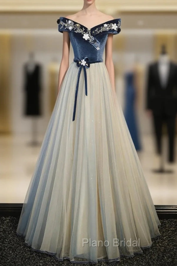 Blue Velvet Off the Shoulder Beading Formal Prom Dresses Main image