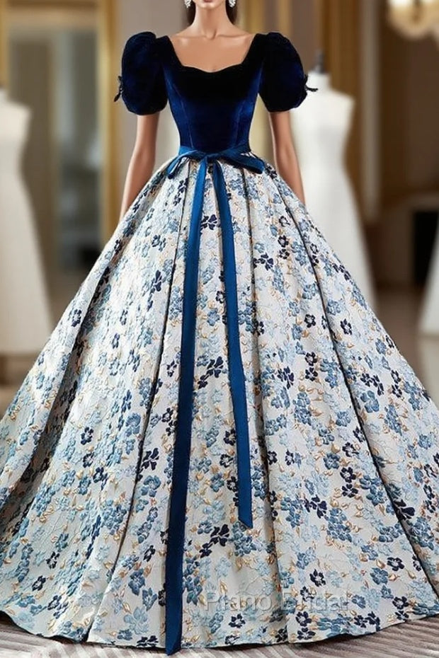 Blue Velvet Puff Sleeve Quinceanera Dresses Main image