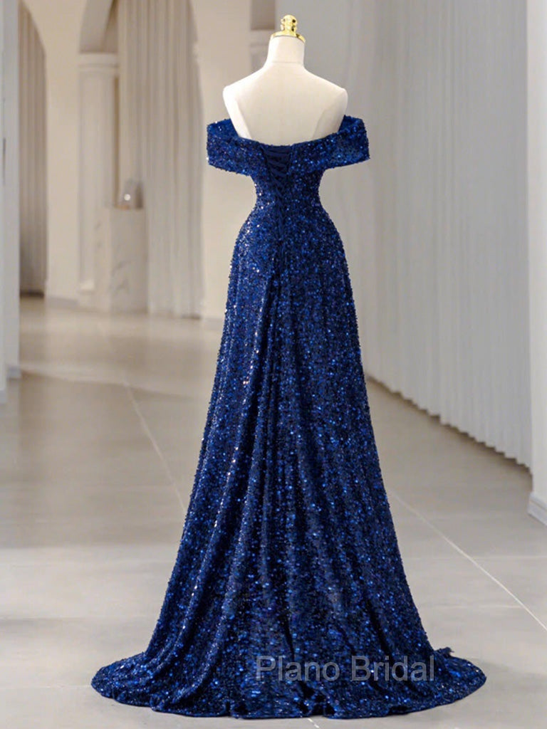 Blue Velvet Sequin Long Formal Prom Dresses, Blue Formal Dresses Secondary image