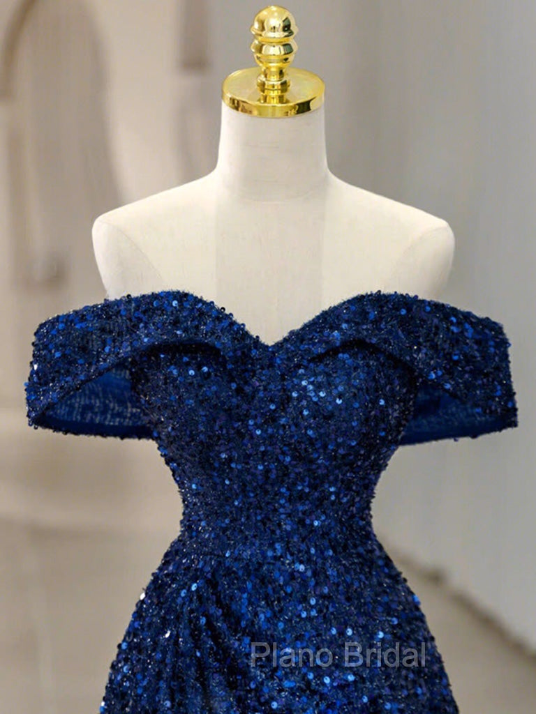 Blue Velvet Sequin Long Formal Prom Dresses, Blue Formal Dresses