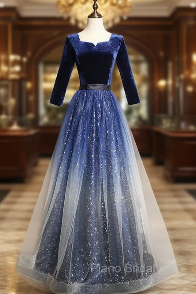 Blue Velvet Sequins Short Sleeve Formal Prom Dresses