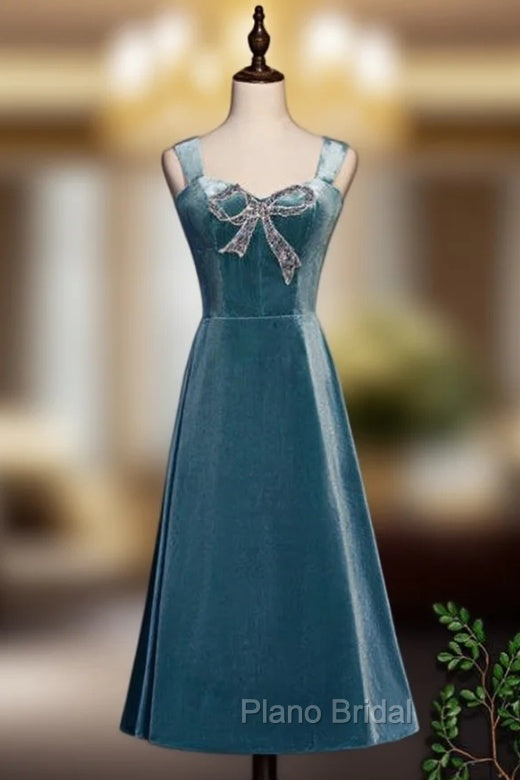 Blue Velvet Straps Beading Tea Length Formal Prom Dresses Main image