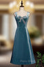 Blue Velvet Straps Beading Tea Length Formal Prom Dresses