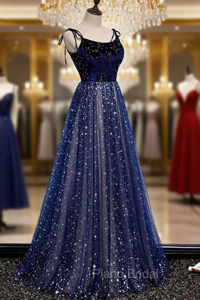 Blue Velvet Tulle Long A-Line Formal Prom Dresses, Blue Spaghetti Straps Evening Dresses Secondary image