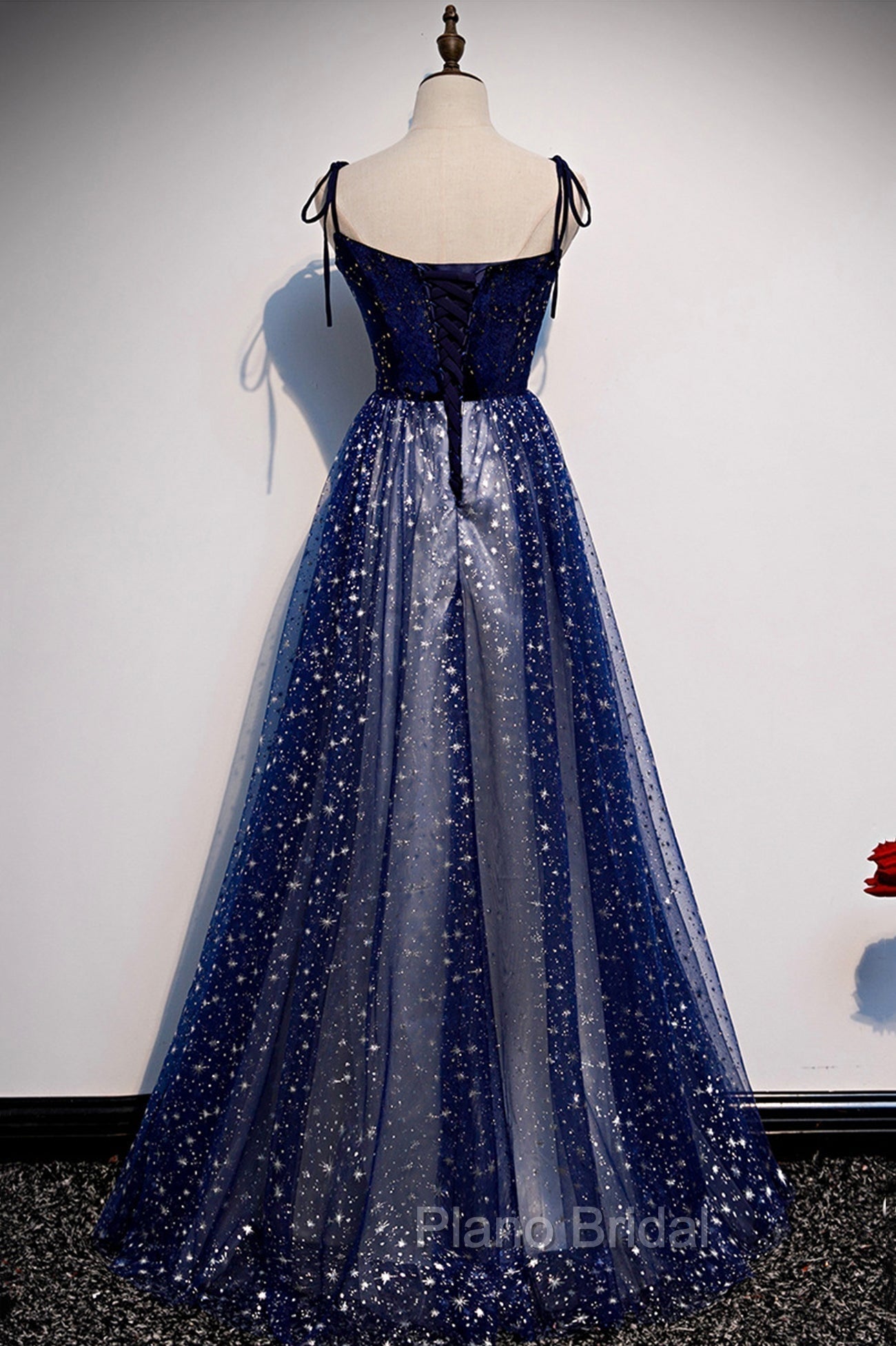 Blue Velvet Tulle Long A-Line Formal Prom Dresses, Blue Spaghetti Straps Evening Dresses