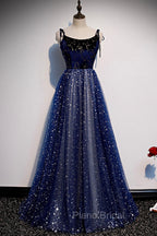 Blue Velvet Tulle Long A-Line Formal Prom Dresses, Blue Spaghetti Straps Evening Dresses