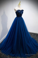 Blue Velvet Tulle Long A-Line Prom Dress, Blue Strapless Formal Evening Dress