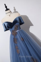 Blue Velvet Tulle Long A-Line Formal Prom Dresses, Off the Shoulder Evening Dresses