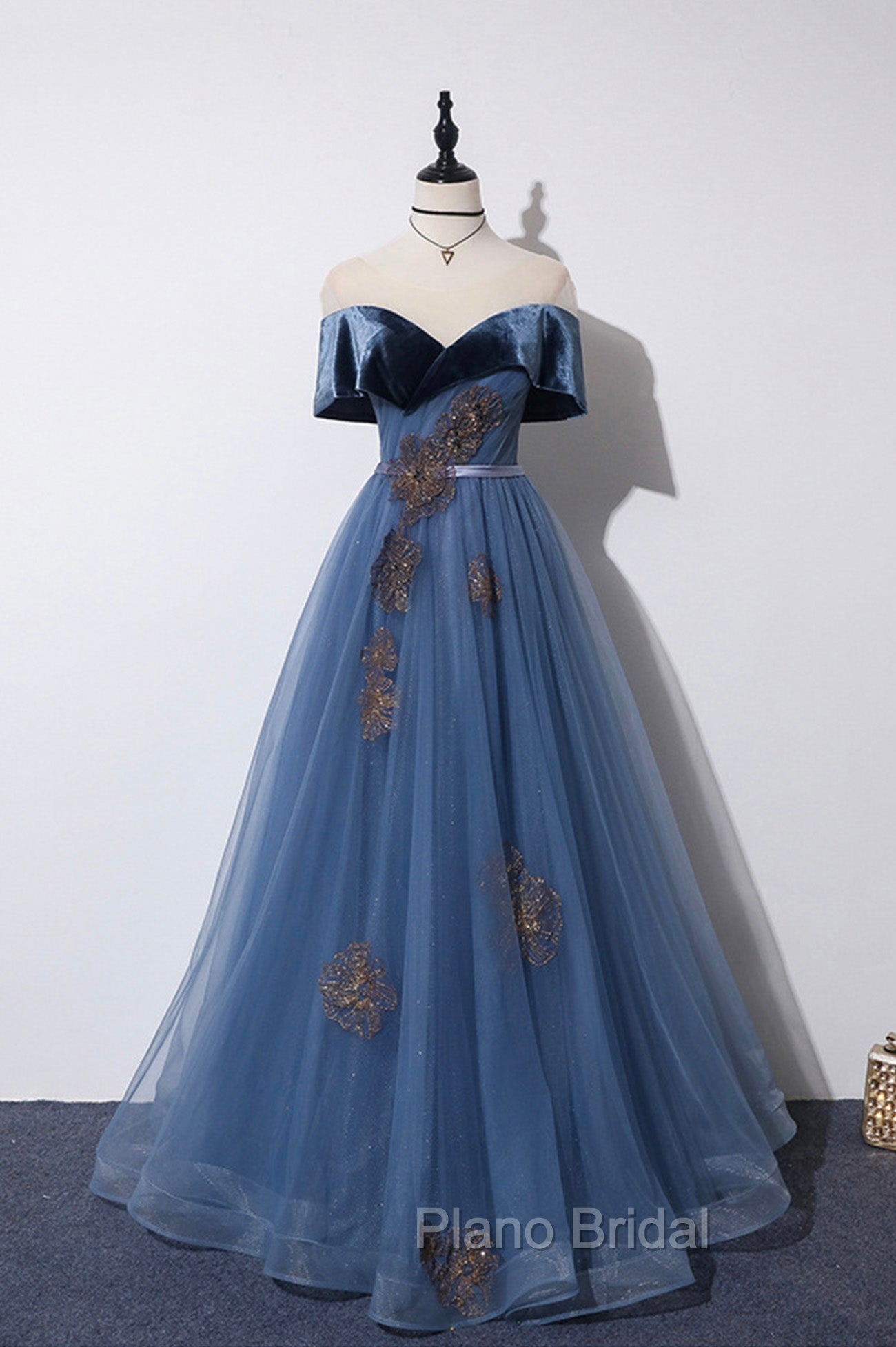 Blue Velvet Tulle Long A-Line Formal Prom Dresses, Off the Shoulder Evening Dresses