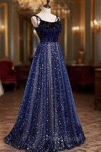 Blue Velvet Tulle Long Formal Prom Dresses, A-Line Evening Party Dresses