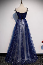 Blue Velvet Tulle Long Formal Prom Dresses, A-Line Evening Party Dresses