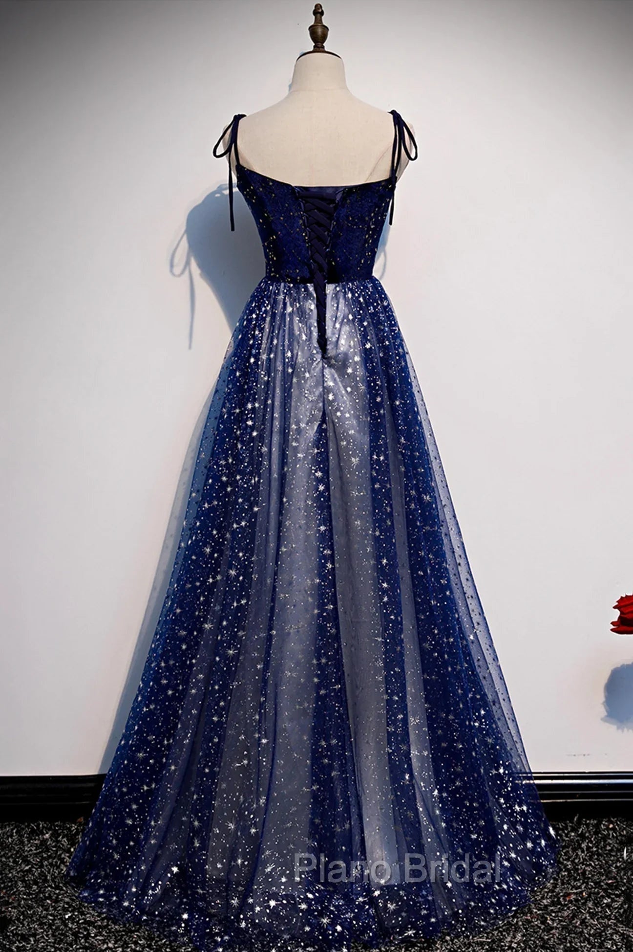 Blue Velvet Tulle Long Formal Prom Dresses, A-Line Evening Party Dresses