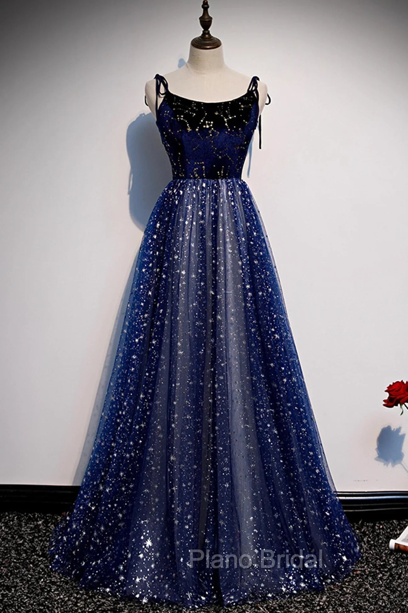 Blue Velvet Tulle Long Formal Prom Dresses, A-Line Evening Party Dresses