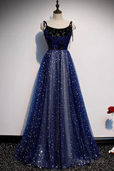 Blue Velvet Tulle Long Prom Dress, A-Line Evening Party Dress