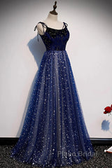 Blue Velvet Tulle Long Formal Prom Dresses, Beautiful A-Line Evening Party Dresses