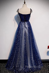 Blue Velvet Tulle Long Formal Prom Dresses, Beautiful A-Line Evening Party Dresses
