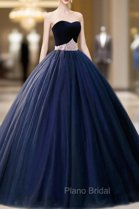 Blue Velvet Tulle Long Formal Prom Dresses, Blue Evening Party Dresses Secondary image