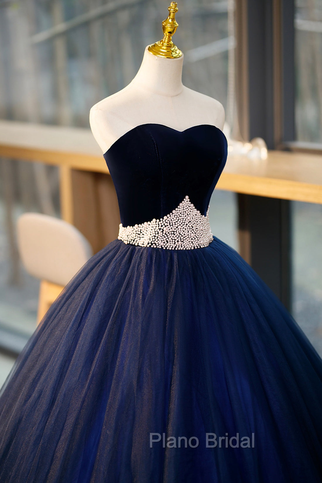Blue Velvet Tulle Long Formal Prom Dresses, Blue Evening Party Dresses
