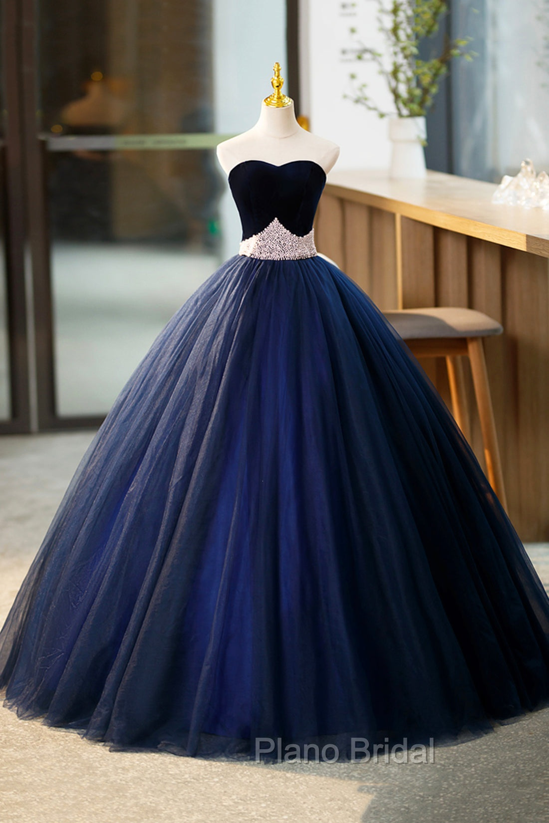 Blue Velvet Tulle Long Formal Prom Dresses, Blue Evening Party Dresses