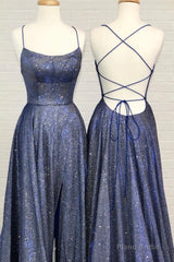 Blue A-Line Backless Long Prom Dresses, Blue Evening Dresses