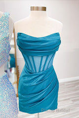 Strapless Pleated Red Satin Homecoming Dresses