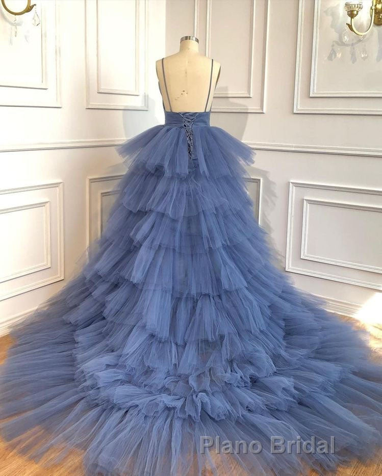 Blue V Neck Tiered Sleeveless Tulle Formal Prom Dresses, Gorgeous Long Party Dresses