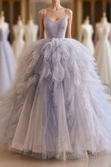 Blue Tulle Long Formal Prom Gown, Blue Tulle Long Sweet 16 Dresses