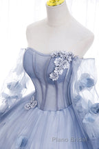 Blue Long Sleeves Tulle Formal Prom Dresses with Flowers, Puffy Off the Shoulder Quinceanera Dresses