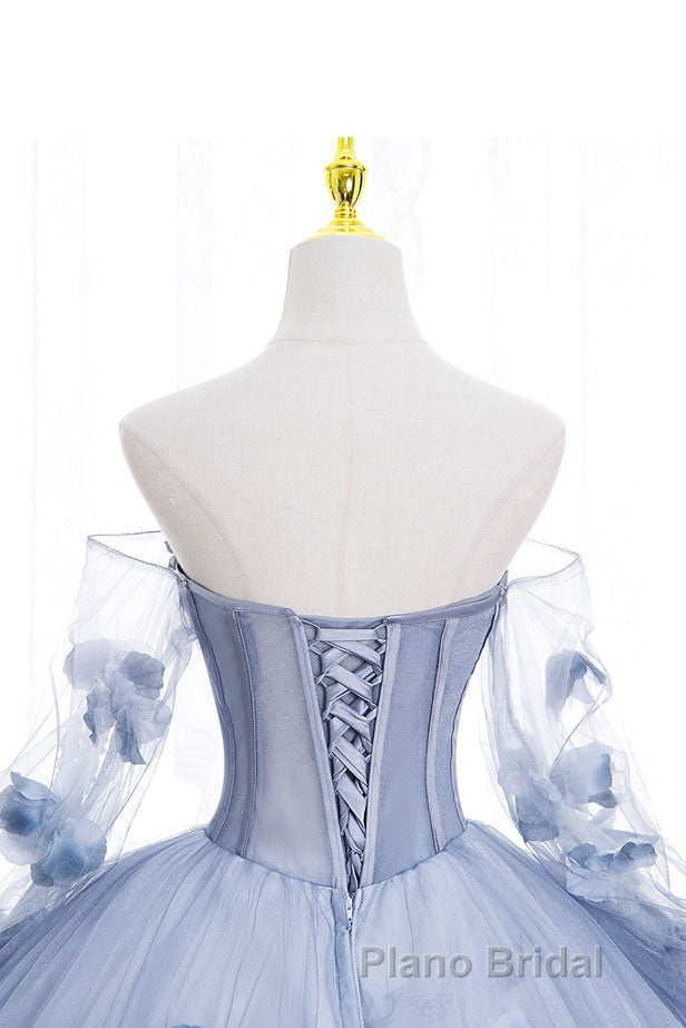 Blue Long Sleeves Tulle Formal Prom Dresses with Flowers, Puffy Off the Shoulder Quinceanera Dresses