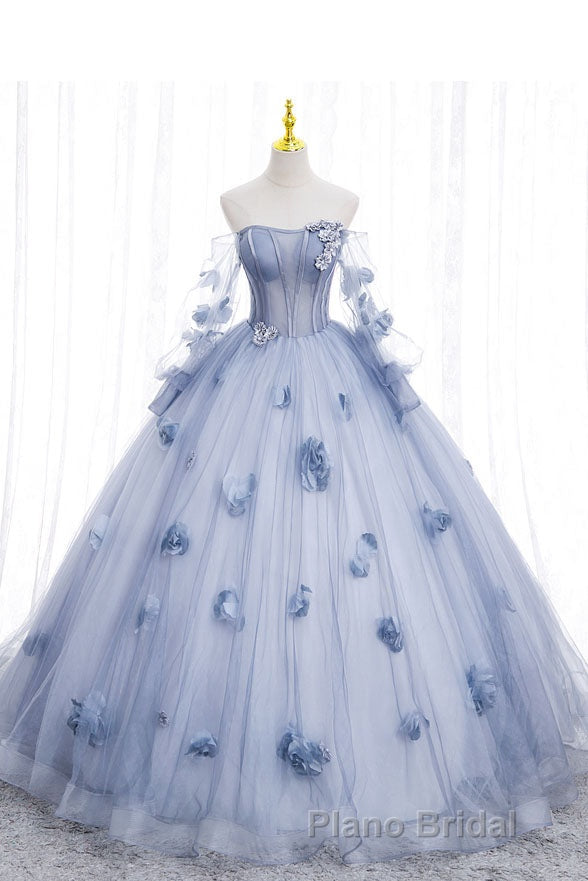 Blue Long Sleeves Tulle Formal Prom Dresses with Flowers, Puffy Off the Shoulder Quinceanera Dresses