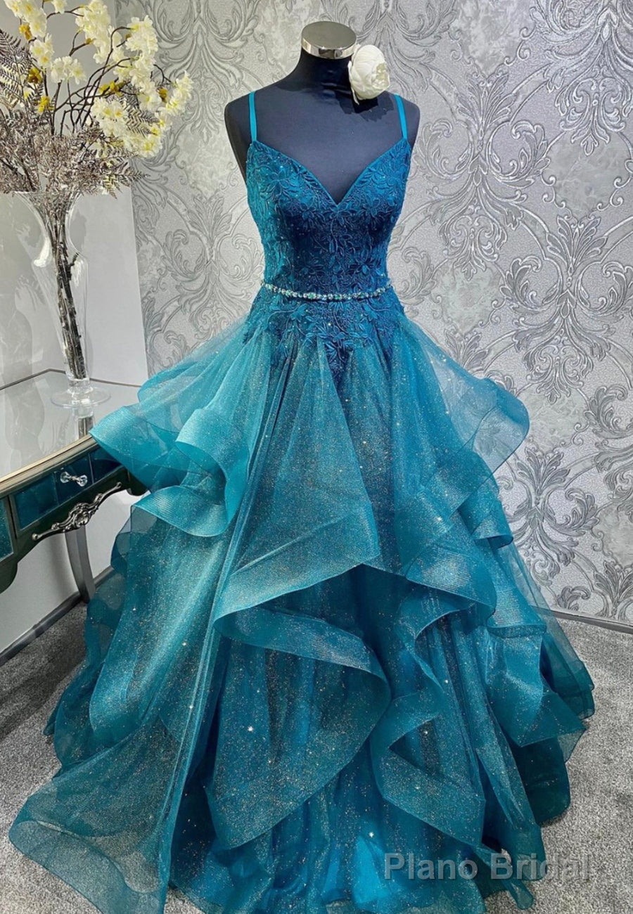 Blue Tulle Lace Long Prom Dresses, A-Line Spaghetti Straps Evening Dresses Main image