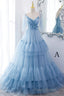 A Line V Neck New Style Tiered Long Tulle Formal Prom Dresses, Evening Gown with Flower