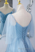 A Line V Neck New Style Tiered Long Tulle Formal Prom Dresses, Evening Gown with Flower