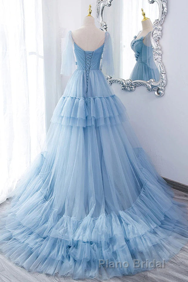 A Line V Neck New Style Tiered Long Tulle Formal Prom Dresses, Evening Gown with Flower Secondary image