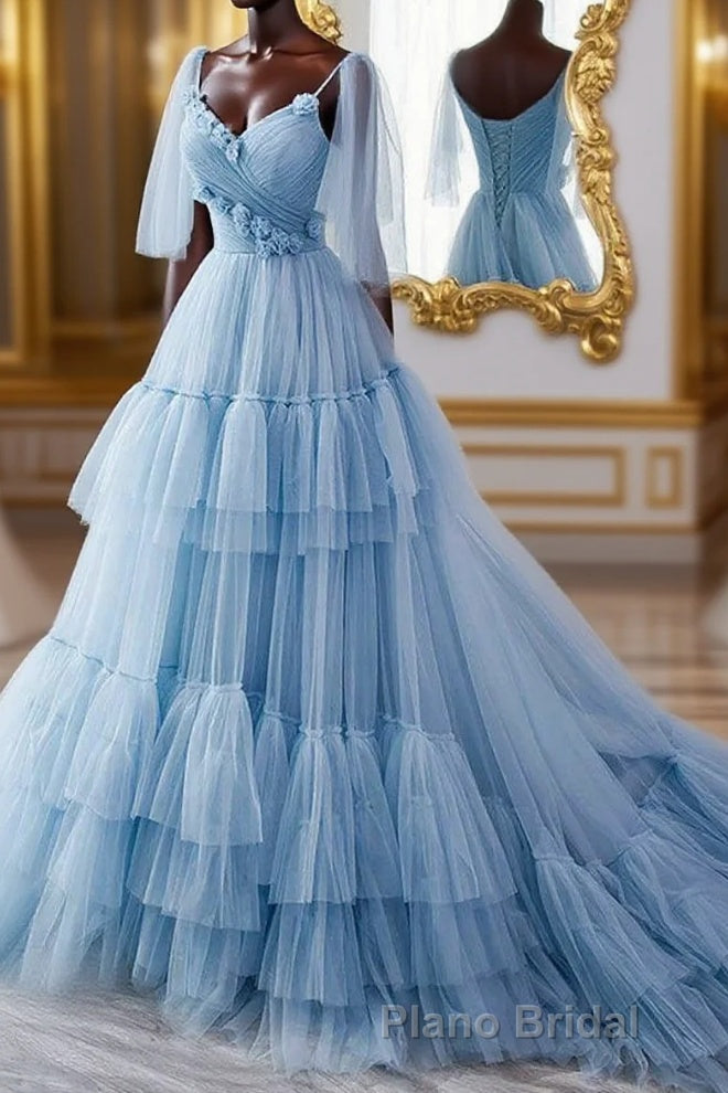 A Line V Neck New Style Tiered Long Tulle Formal Prom Dresses, Evening Gown with Flower Main image