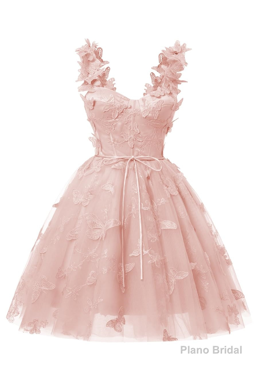 Blush Pink 3D Butterfly Lace Applique Tulle Homecoming Dress for Teens Sweetheart Mini Short Prom Dresses Main image