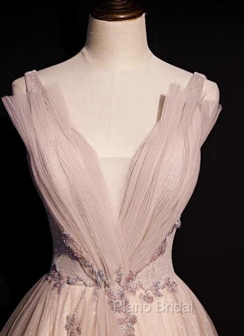 Blush Pink A-Line V-Neck Glitter Tulle With Beaded Long Formal Prom Dresses Adult Ceremony Evening Dresses Secondary image
