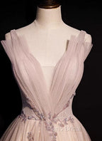 Blush Pink A-Line V-Neck Glitter Tulle With Beaded Long Formal Prom Dresses Adult Ceremony Evening Dresses