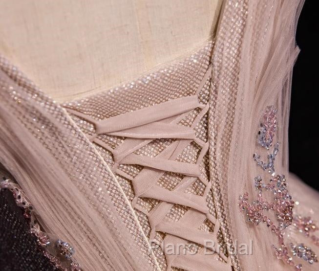 Blush Pink A-Line V-Neck Glitter Tulle With Beaded Long Formal Prom Dresses Adult Ceremony Evening Dresses