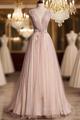 Blush Pink A-Line V-Neck Glitter Tulle With Beaded Long Formal Prom Dresses Adult Ceremony Evening Dresses