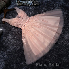 Blush Pink Lace Appliqued Tulle Homecoming Dresses,Prom Dresses