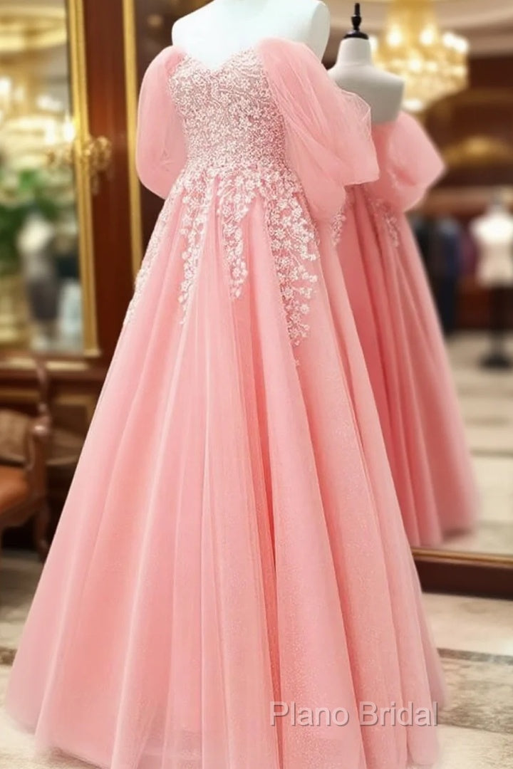 Blush Tulle A-Line Off Shoulder Appliques Dresses Main image