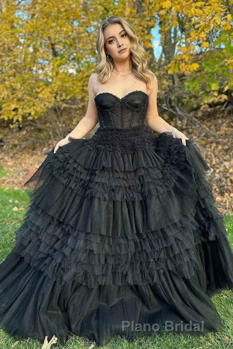 Blushing Pink Tulle Ruffle Layers Lace-Up Back A-Line Formal Prom Dresses