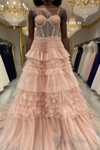 Blushing Pink Tulle Ruffle Layers Lace-Up Back A-Line Formal Prom Dresses