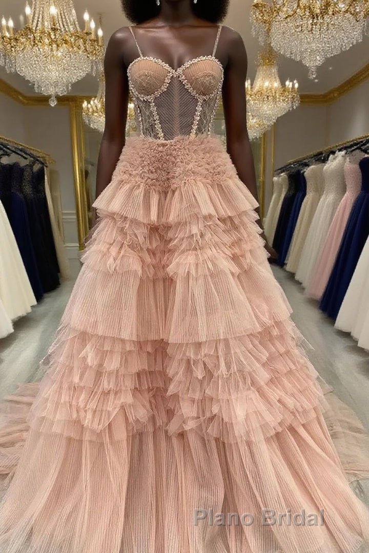 Blushing Pink Tulle Ruffle Layers Lace-Up Back A-Line Formal Prom Dresses