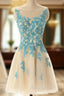 Boat Neck Champagne Tulle Formal Prom Party Dresses with Blue Lace